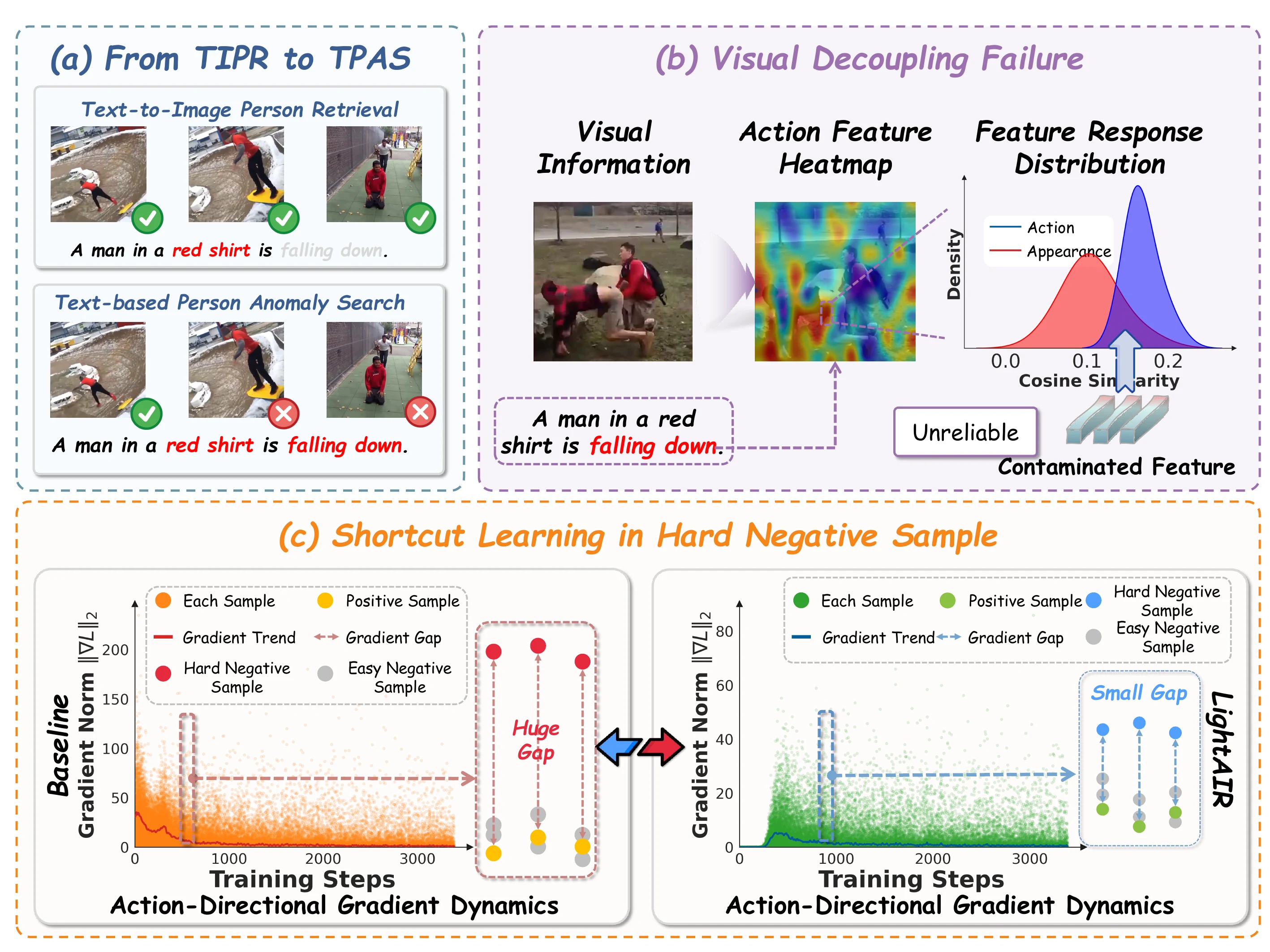 LightAIR motivation figure explaining the shift from TIPR to TPAS, visual decoupling failure, and shortcut learning